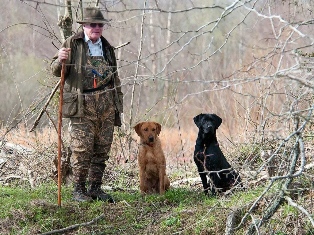 Robert Milner standing beside his two hunting dogs