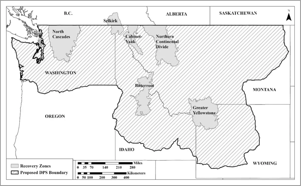 A map from the US Fish & Wildlife Service showing grizzly bear recovery zones throughout the Western United States.