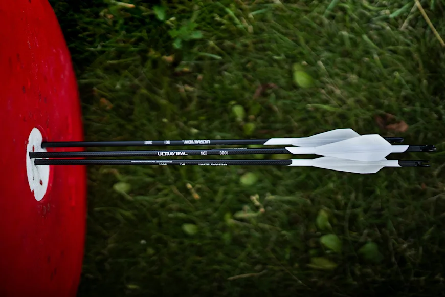 Three archery arrows in a foam target with grass in the background.