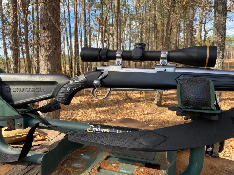 Ruger M77 Mark II on a shooting bench.