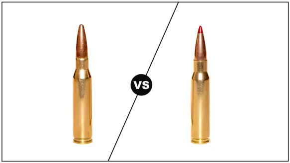 A 7mm 08 cartridge on left and a 308 cartridge on right with versus sign between them