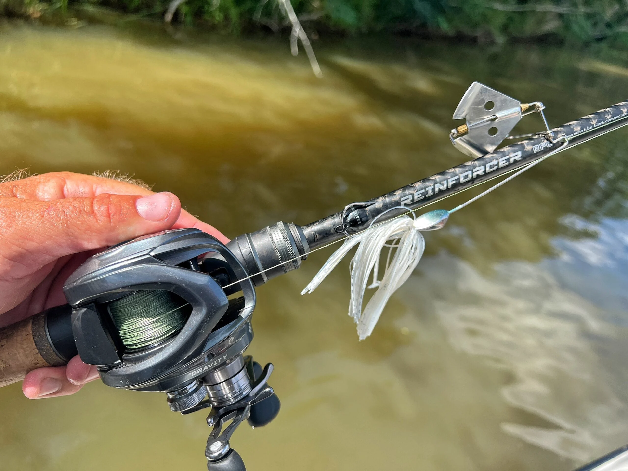 The author with a buzzbait rigged to his Reinforcer rod.