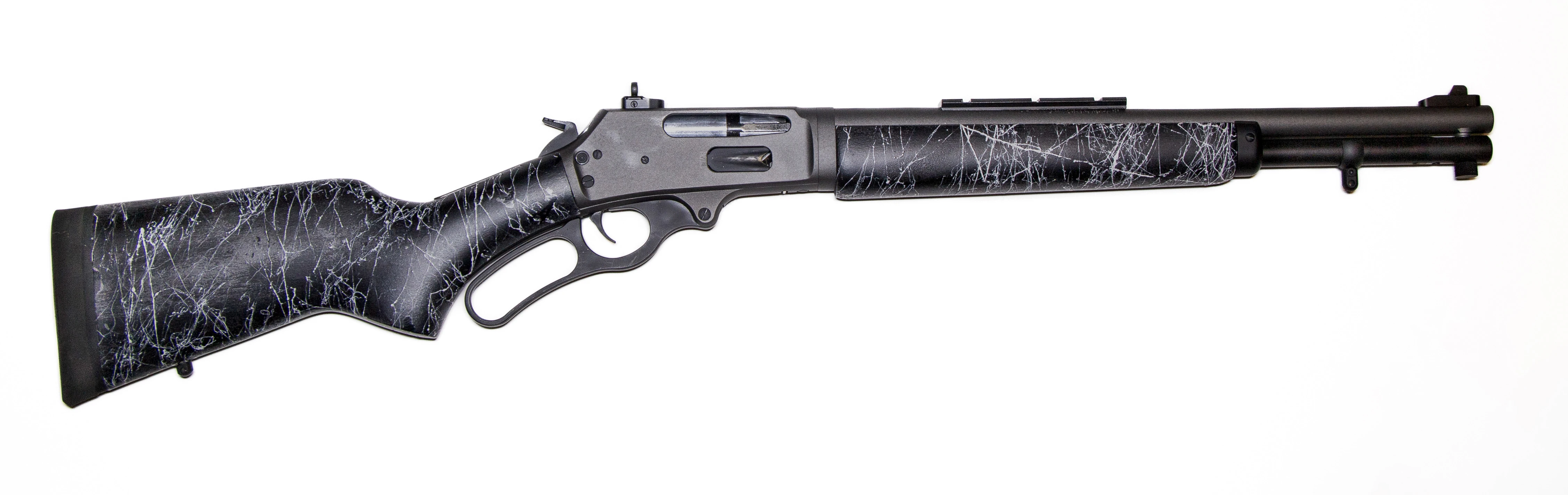 A Dove Custom Appalachian Scout Marlin 336 conversion rifle on white background. 