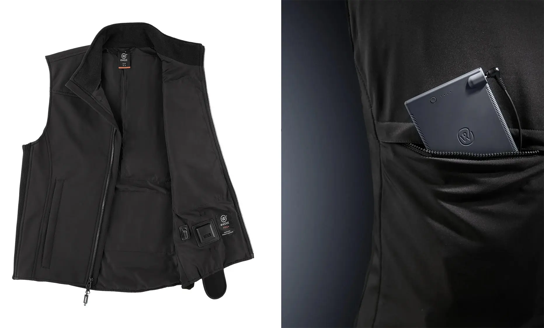 A black, battery-powered, heated vest on a white background, with inset of power pack