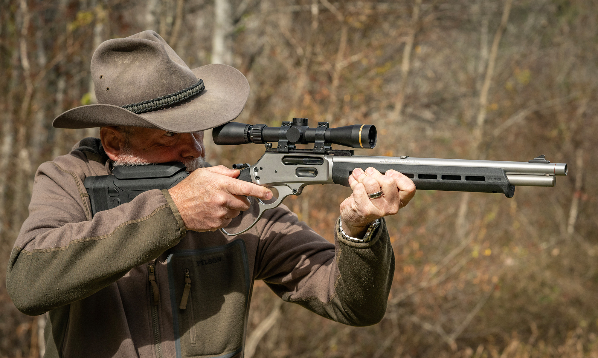 A shooter fires the new Marlin 1895 Trapper rifle on a outdoor range. 
