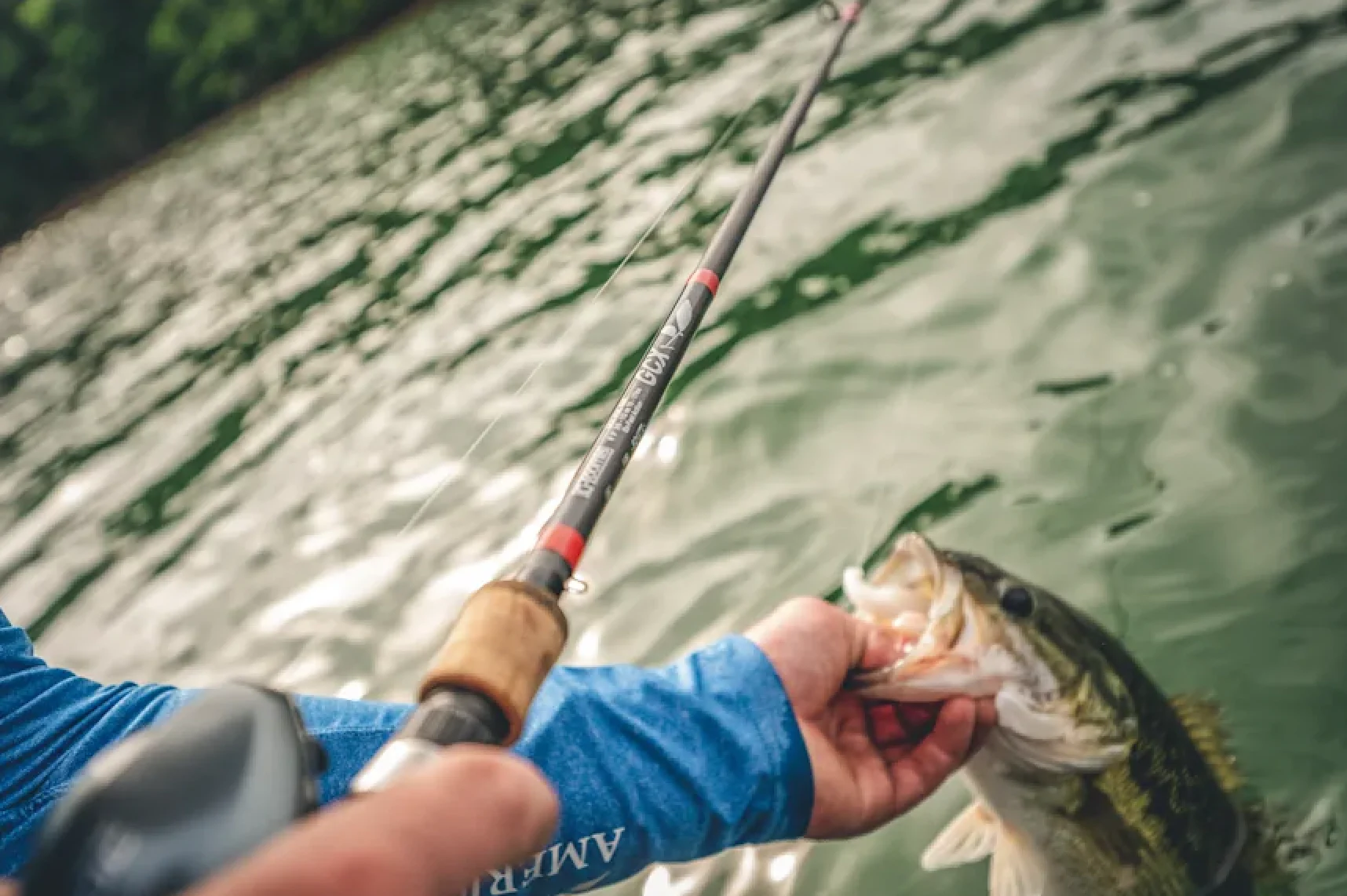 Angler holds up bass with crankbait in mouth