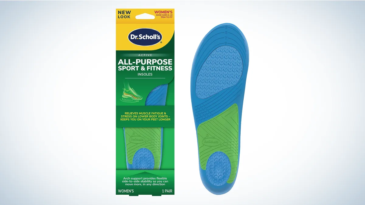 Dr. Scholl's Sport &amp; Fitness All-Purpose Comfort Insoles on gray and white background