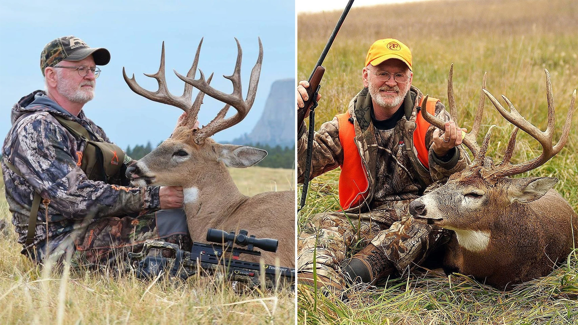 North American Whitetail co-founder Gordon Whittington post with a pair of whitetail bucks.