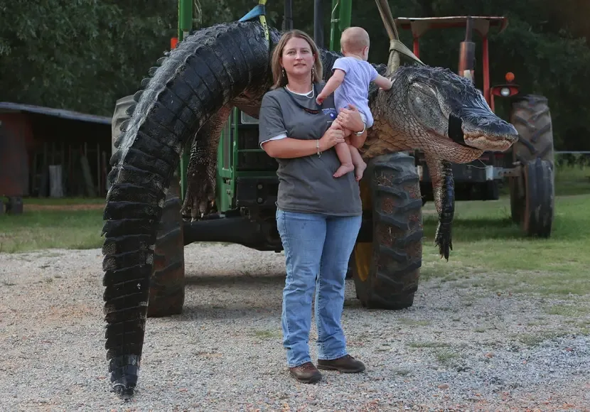 A hunter and her young child pose with a world-record alligator. 