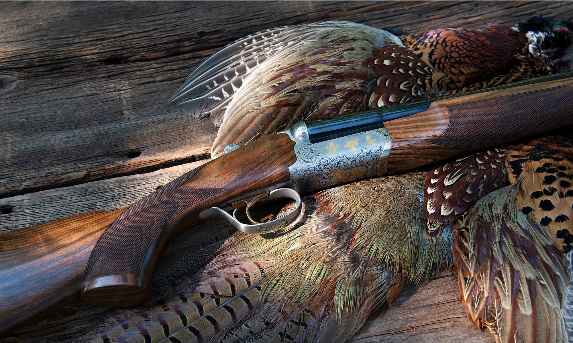 Fabarm Autumn Elite side-by-side shotgun on a pheasant pelt. 
