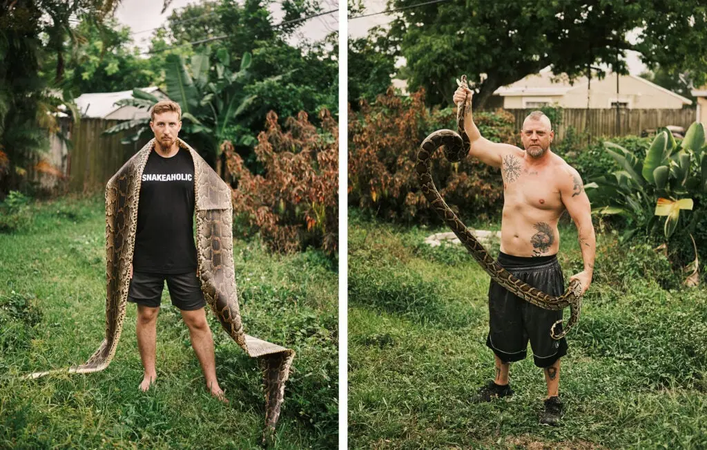 Ausburn cloaked in a massive python skin, while Pavlidis holds a live snake from the night before.