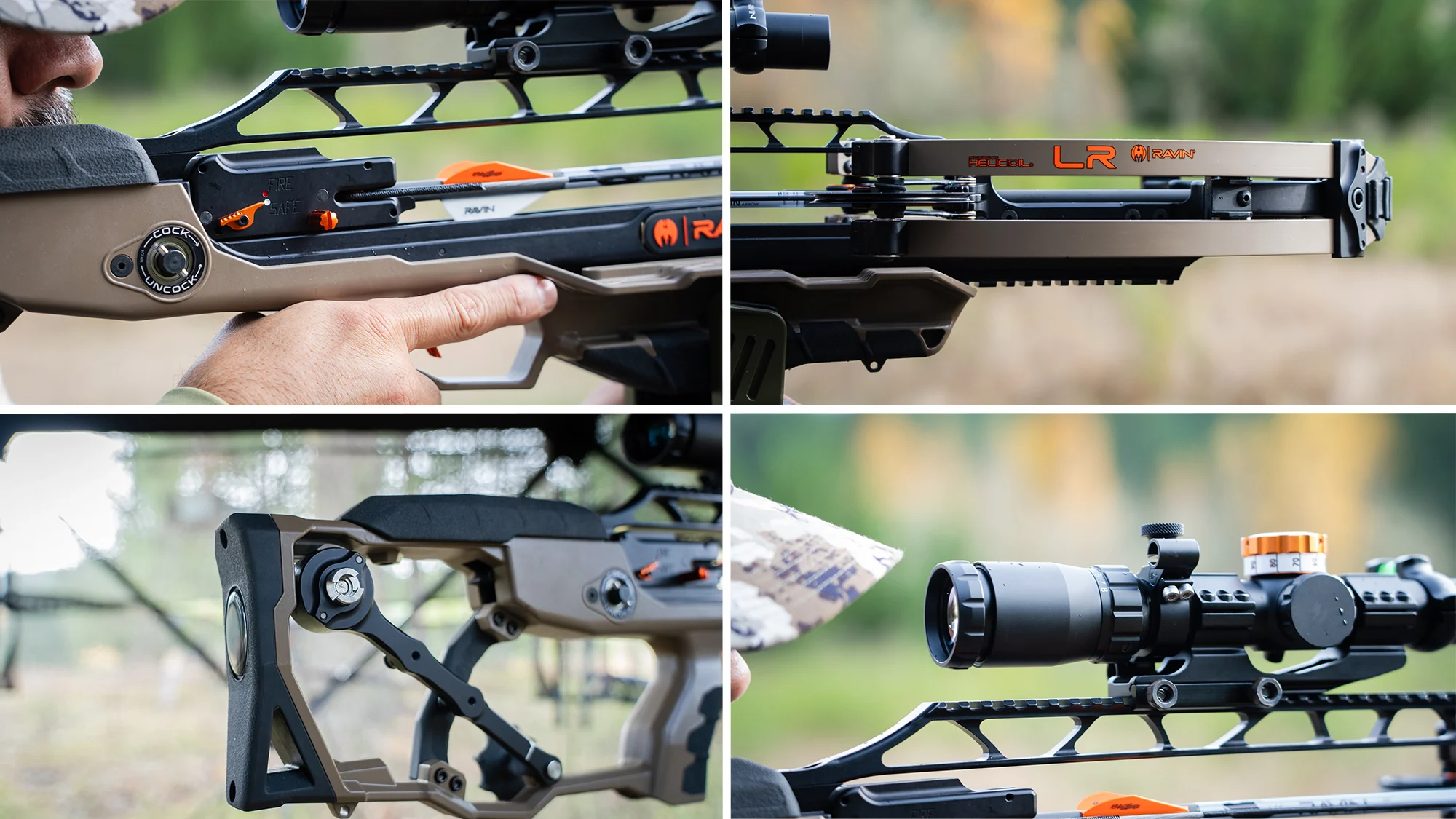 Closeup photos of the Ravin LR crossbow's trigger and safety, limbs and cams, buttstock with cocking arm, and scope. 