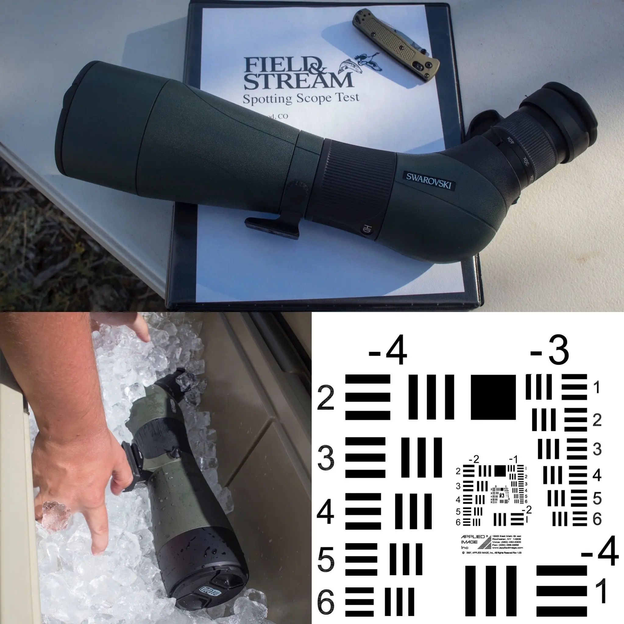 Collage of Swaro ATS 80 across notebook, USAF 1951 Optical Resolution Test Chart, and Meopta MeoStar in cooler of ice