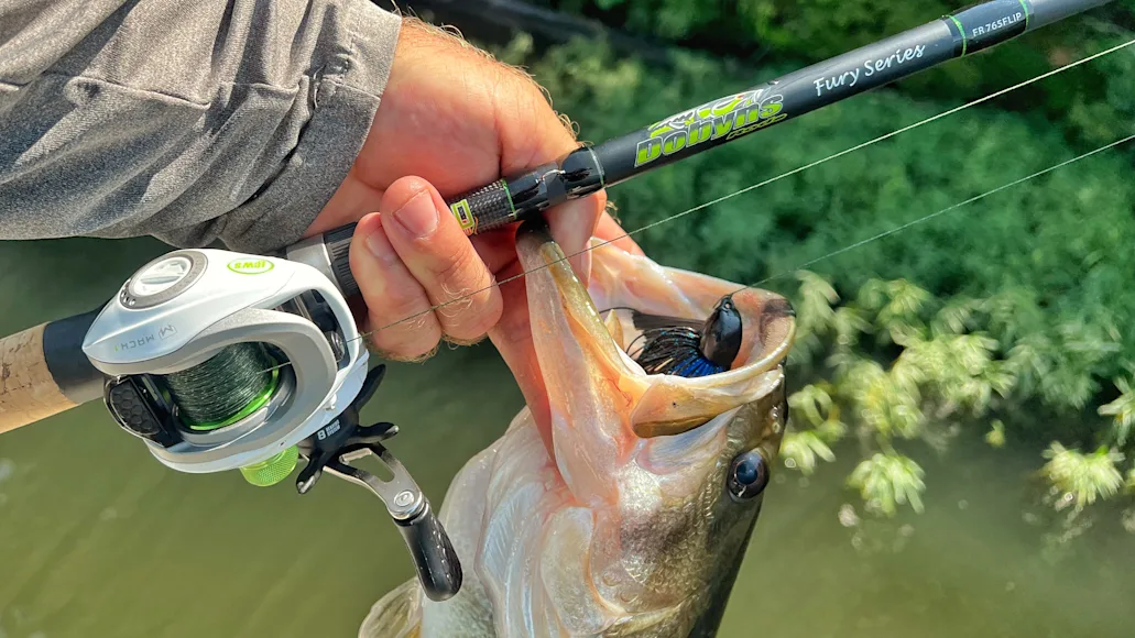Angler holding largemouth bass and fishing rod