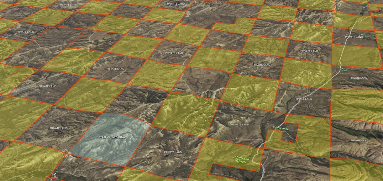 Land ownership boundaries on a digital mapping app.