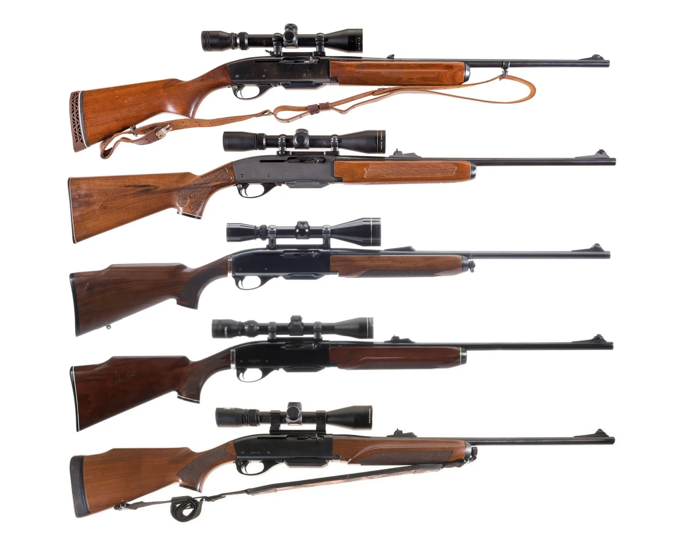 photo of Remington autoloading rifles, including the Model 742 second from top