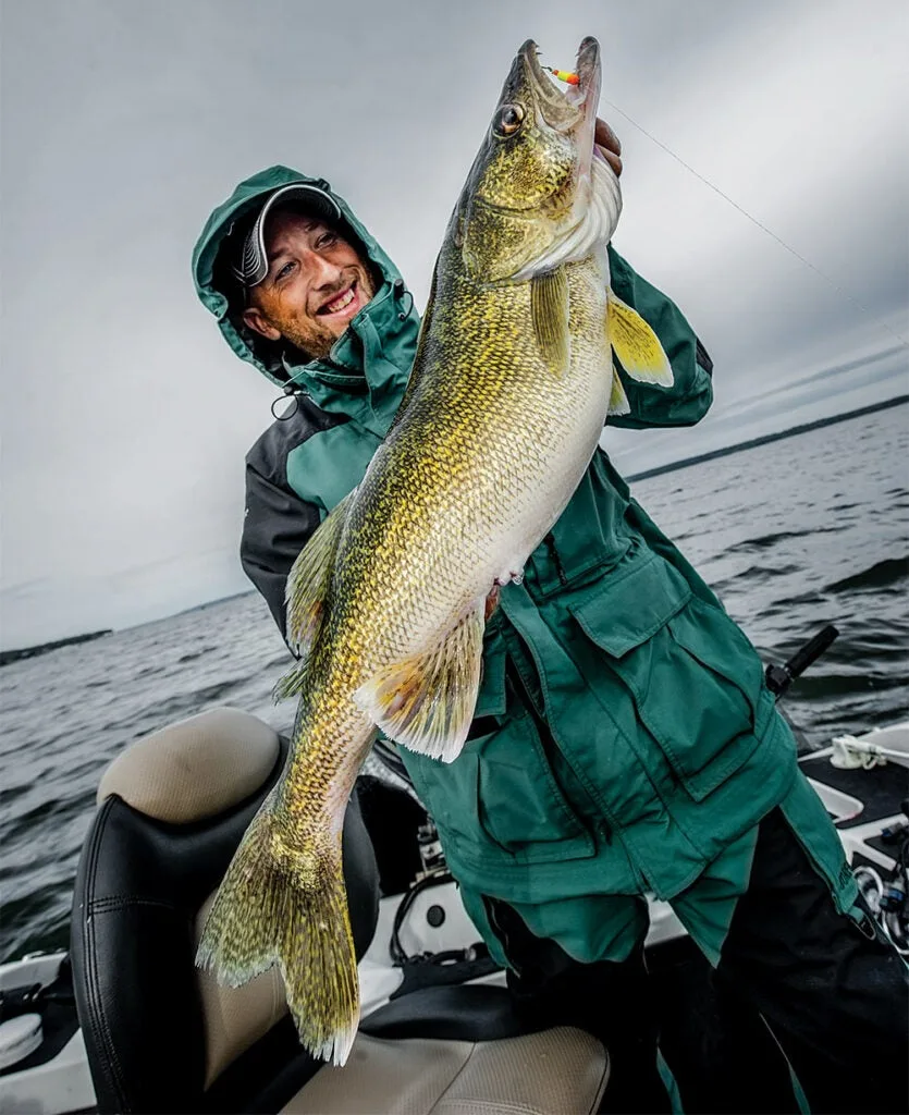 angler holding giant walleye