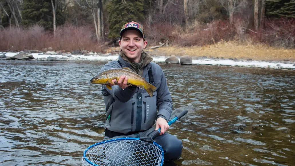 A fisherman holds a brown trout while kneeling in a river.