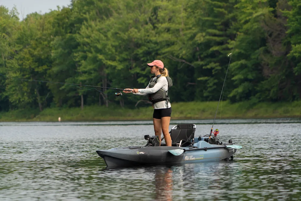 Female angler bass fishing on Old Town Sportsman ePDL Fishing Kayak