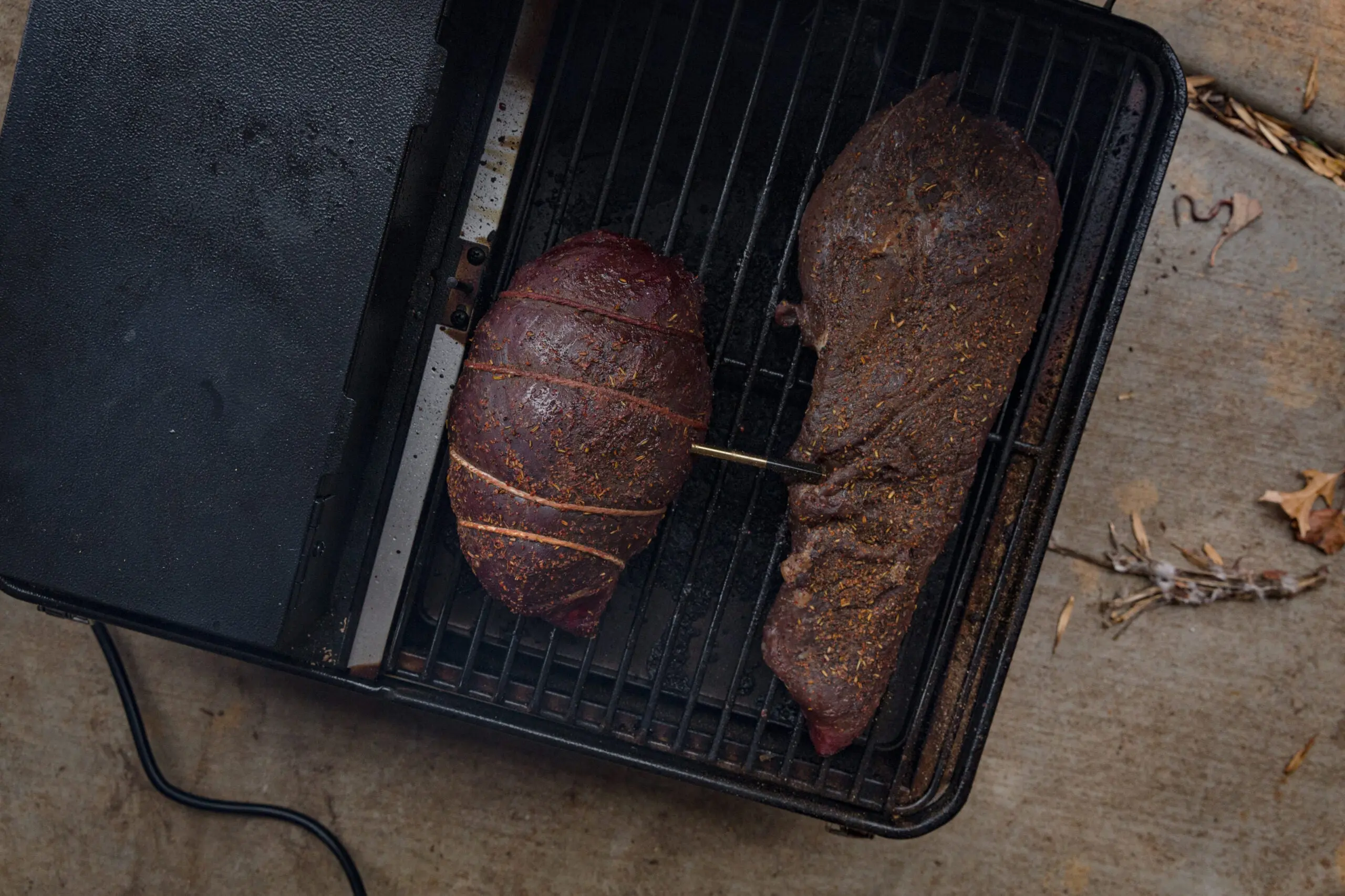 A sirloin on the smoker—a perfect meal for deer camp.