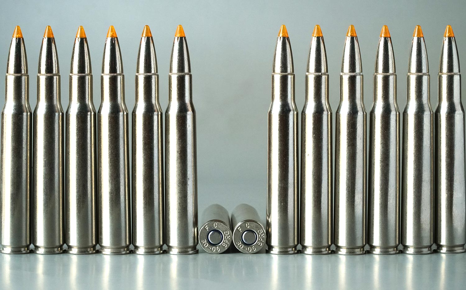 A lineup of Federal Premium Vital Shock .30/06 rounds loaded with 165-grain Trophy Bonded Tip bullets.