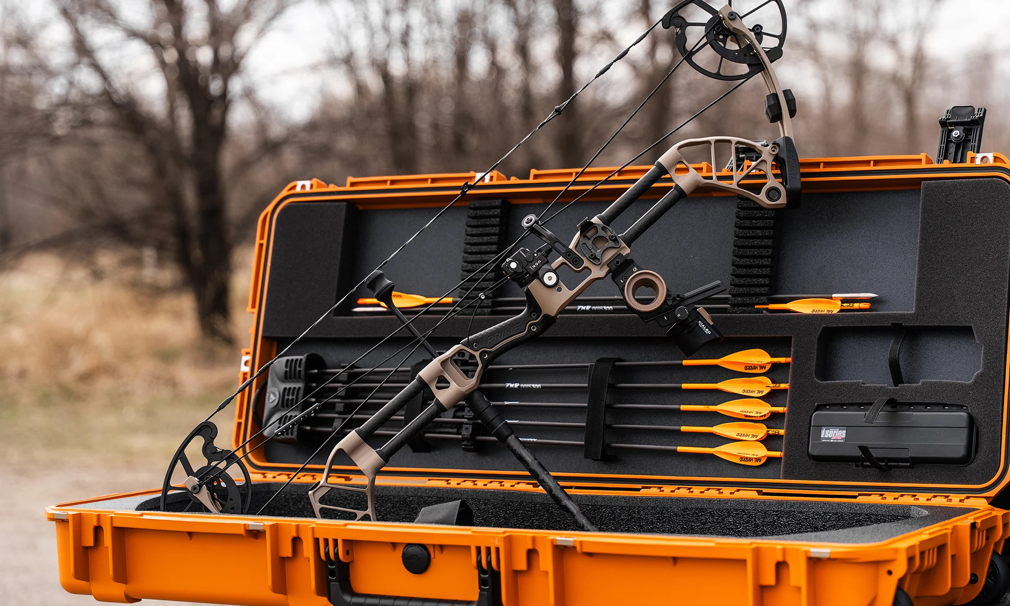 The new Prime Form compound bow in a bow case outside.