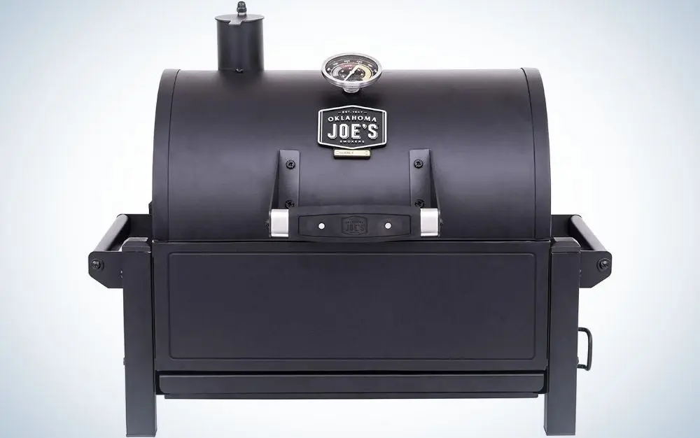 A portable black grill with lid from above and four stable legs from below.