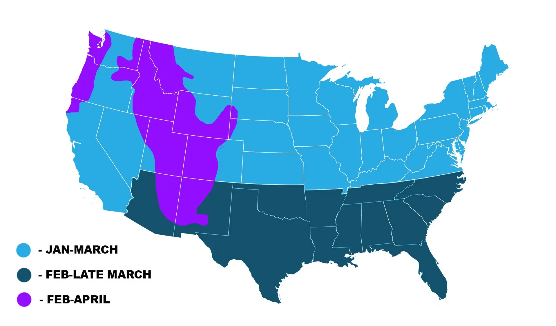 Map showing the approximate timing of deer antler shedding across the US.