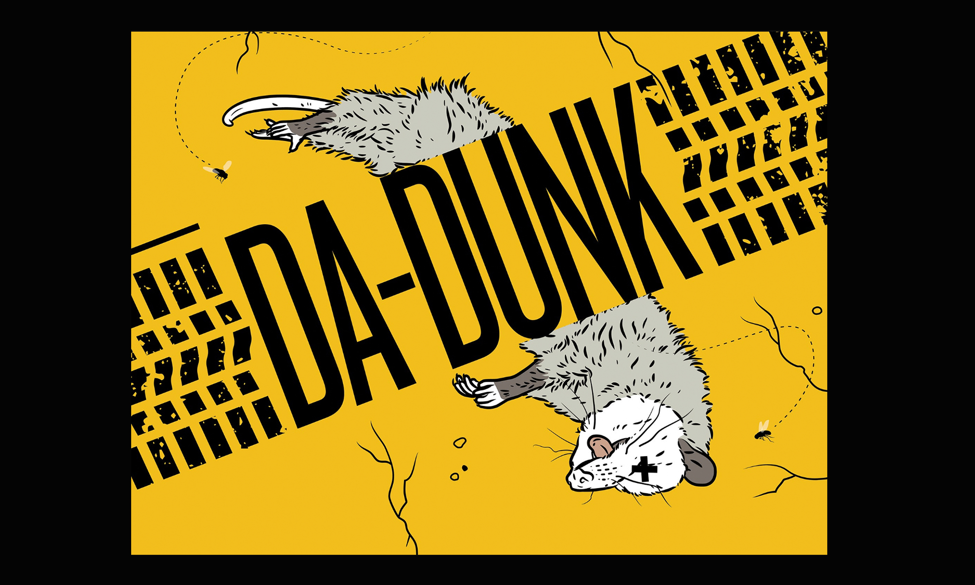 Illustration of roadkilled opossum. 