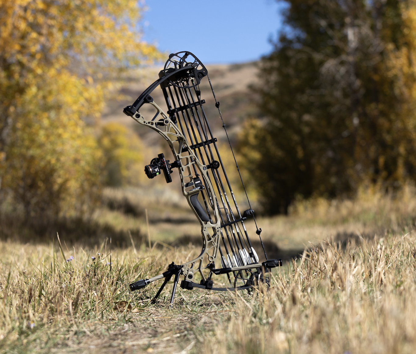 The new Hoyt Alpha X-3 compound bow sitting on a trail in the mountains.