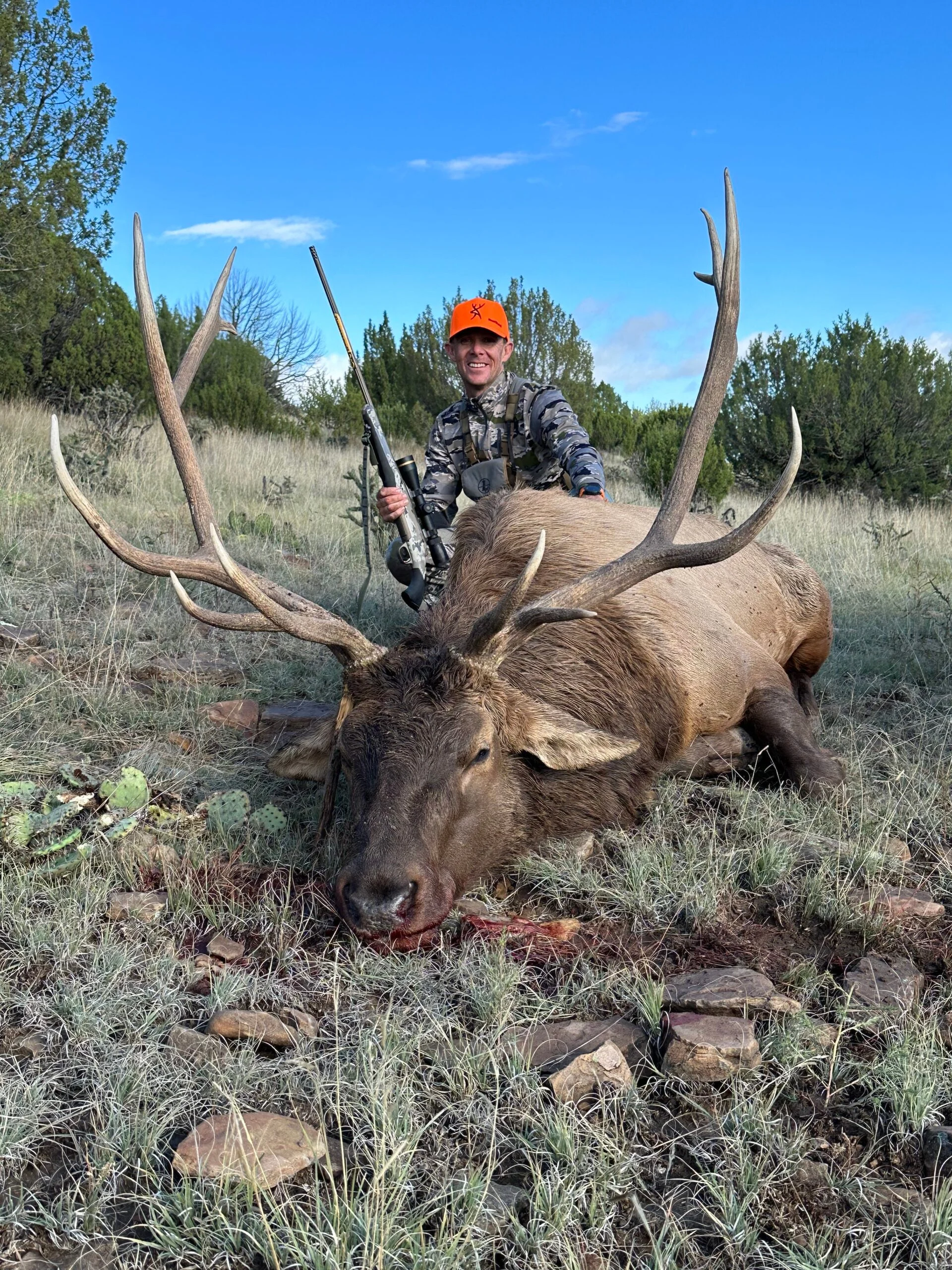 Hunter sits behind a bull elk with rifle in hand