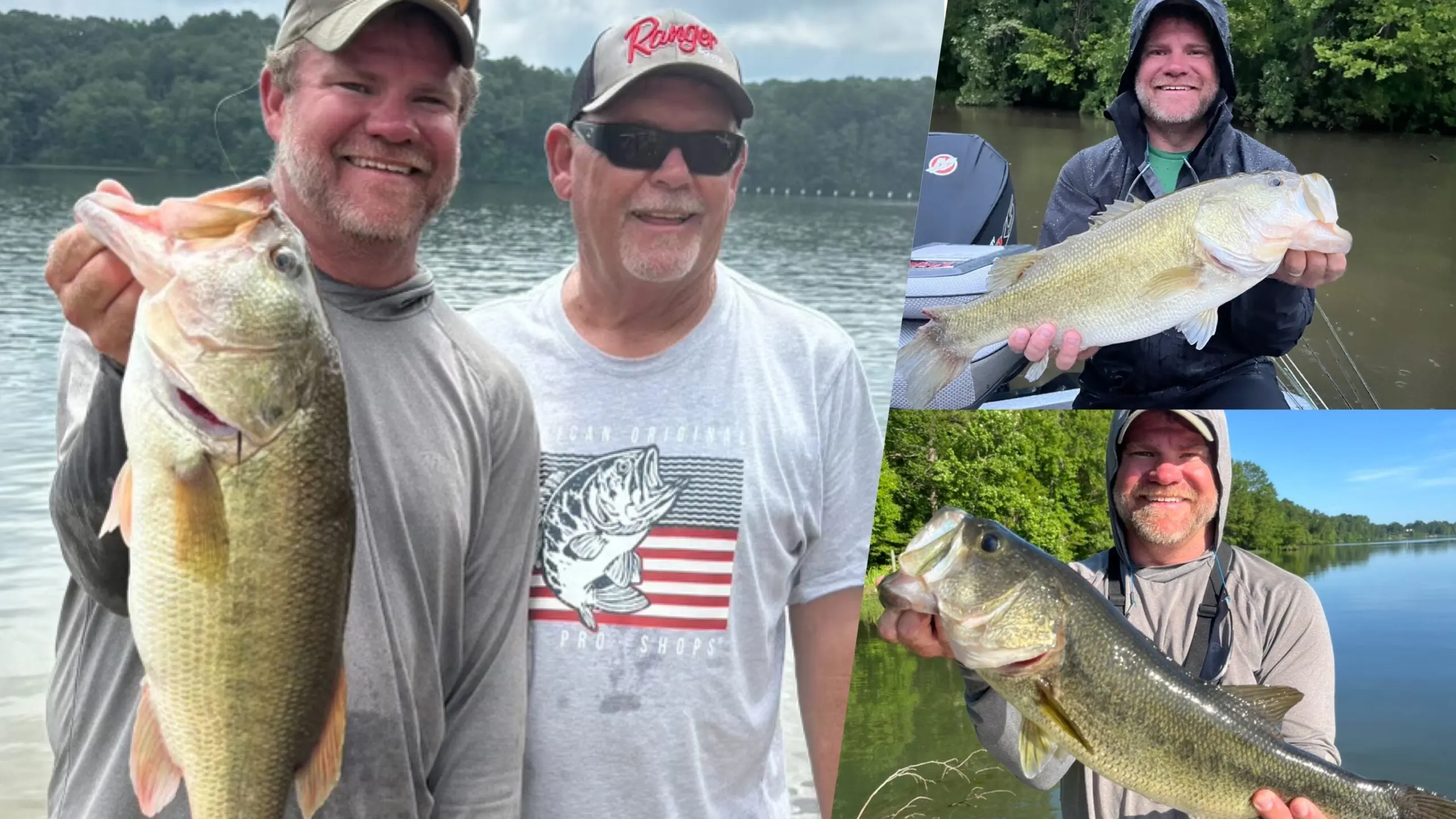 Photo collage of bass anglers holding up big largemouth bass.