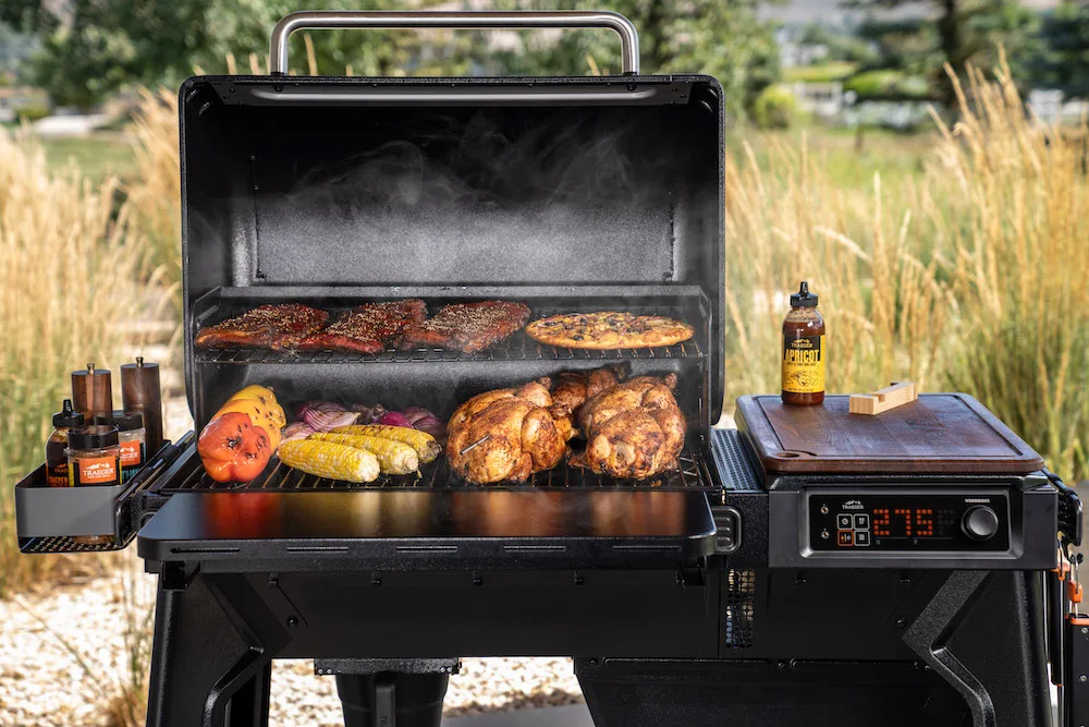 Traeger Woodridge Pellet Grill Interior with meat smoking