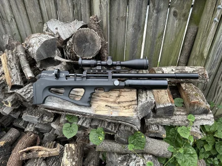 FX Wildcat MKIII air rifle sitting on a stack of wood