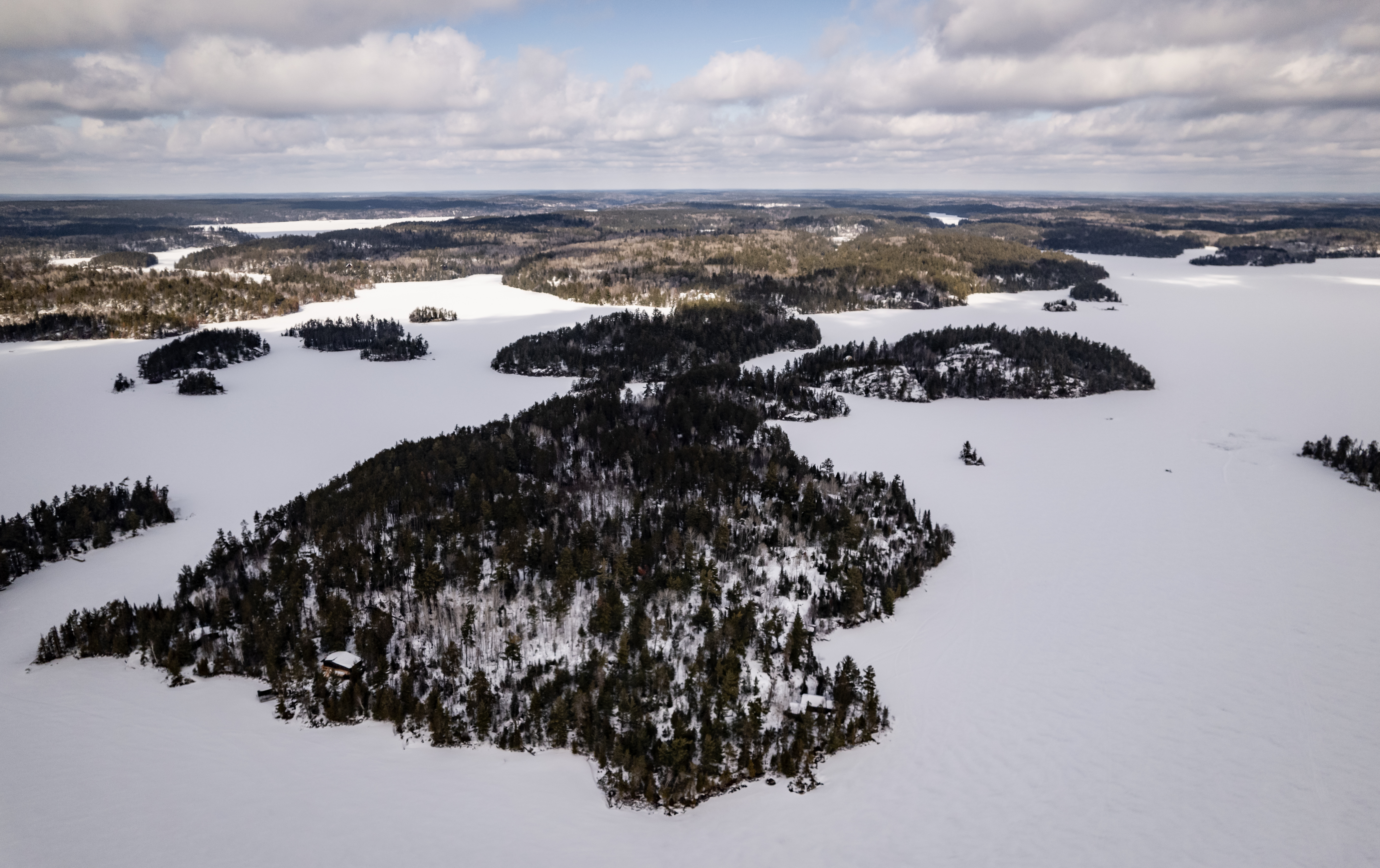 An aerial view of the Boundary Waters in winter.