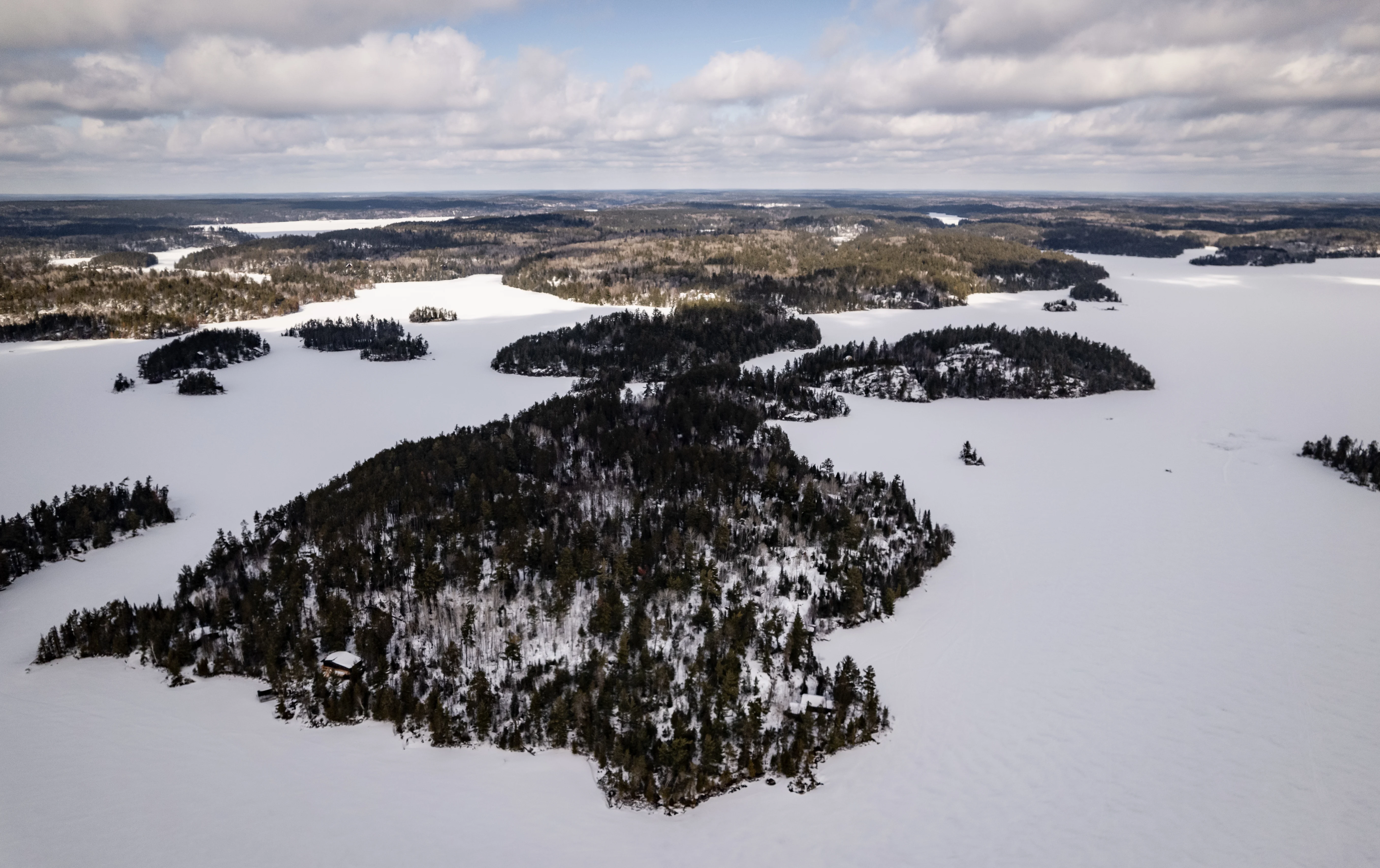 An aerial view of the Boundary Waters in winter.