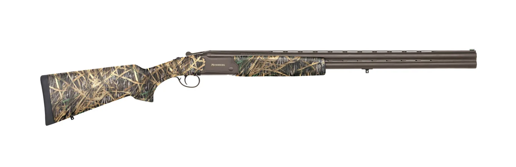 Mossberg Silver Reserve Eventide camo over-under shotgun on white background. 