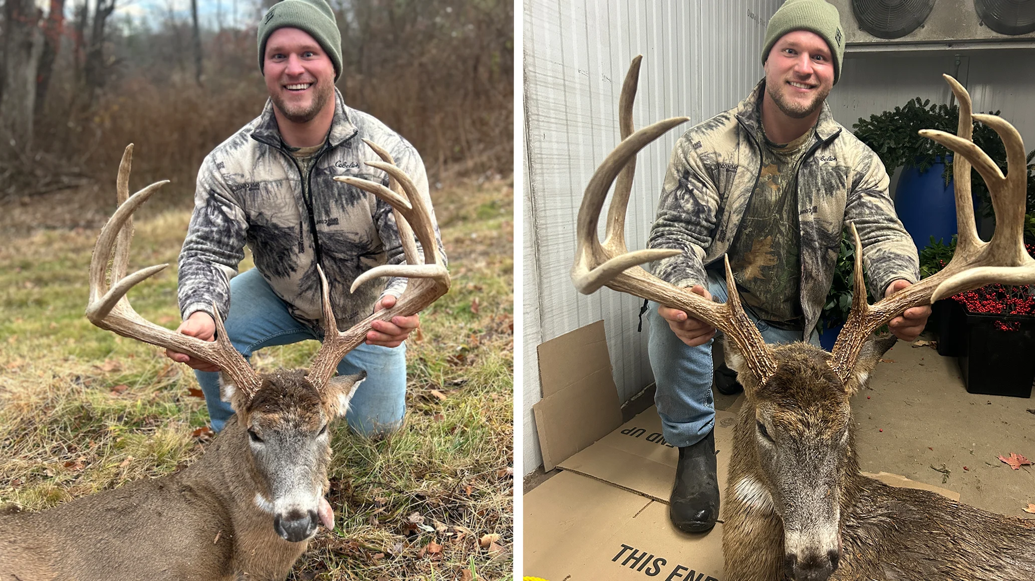 Split photo of a hunter posing with a trophy whitetail buck. 