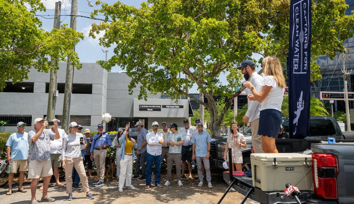 Fishing guides rally against a proposed rock mine in front the Palm Beach County Commission headquarters.