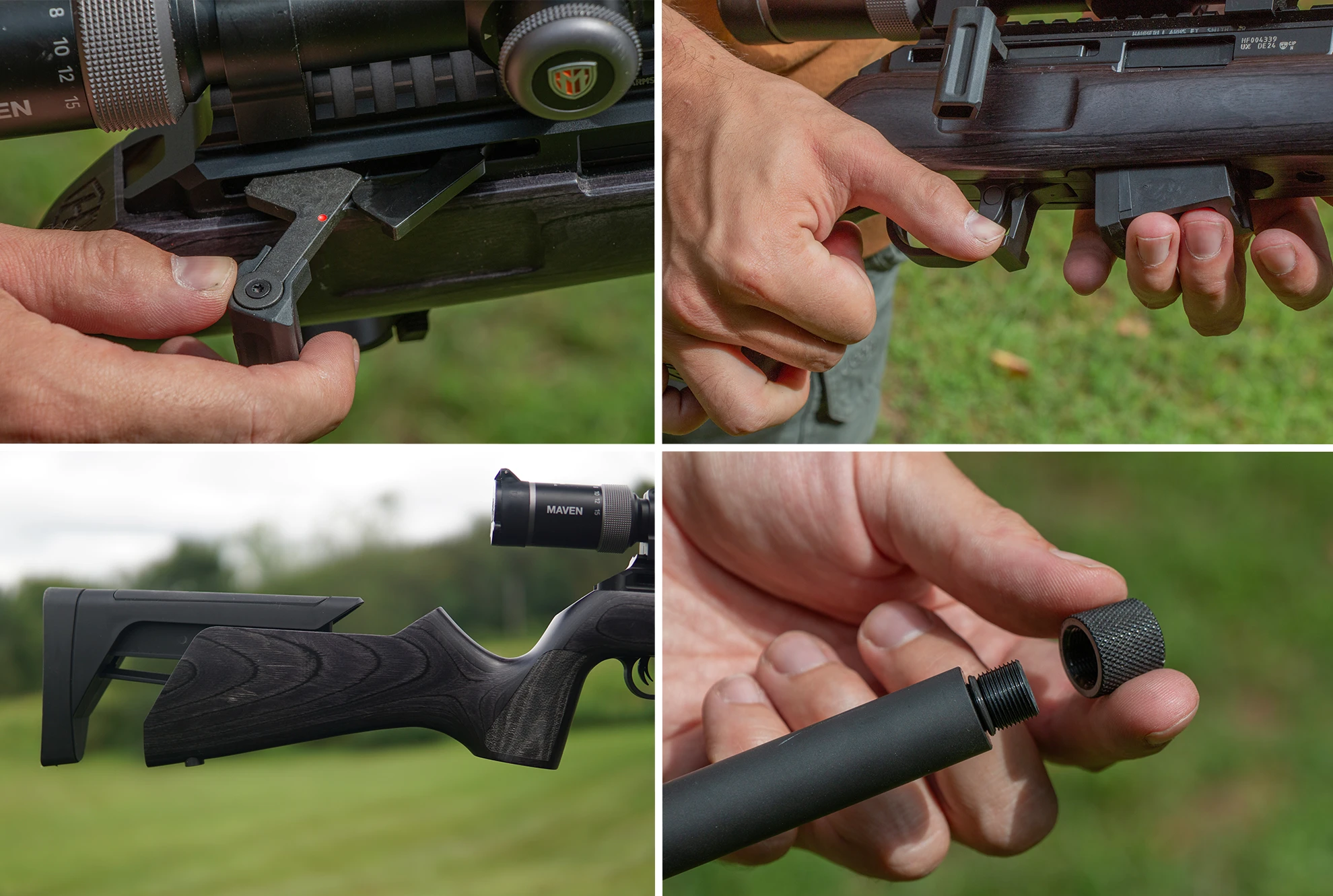 Grid of photos showing the Hammerli Arms Force B1 rifle's action, mag release, adjustable stock, and threaded barrel. 