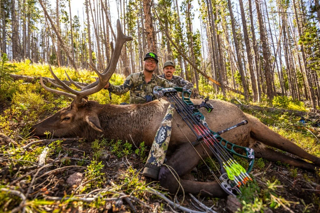 J.C. Navarro and buddy Royle Scrogham with bull elk