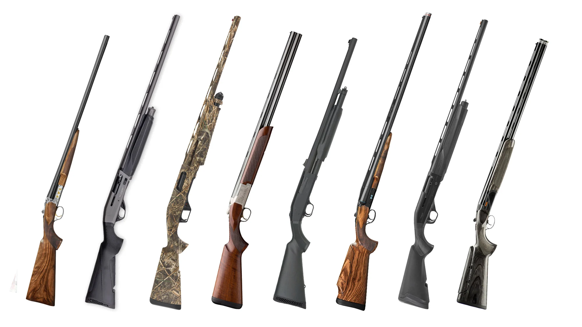 A collection of new shotguns from the 2025 SHOT show on a white background. 