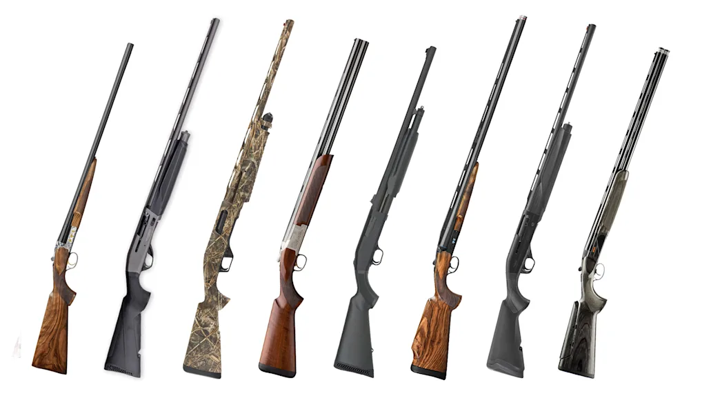 A collection of new shotguns from the 2025 SHOT show on a white background.