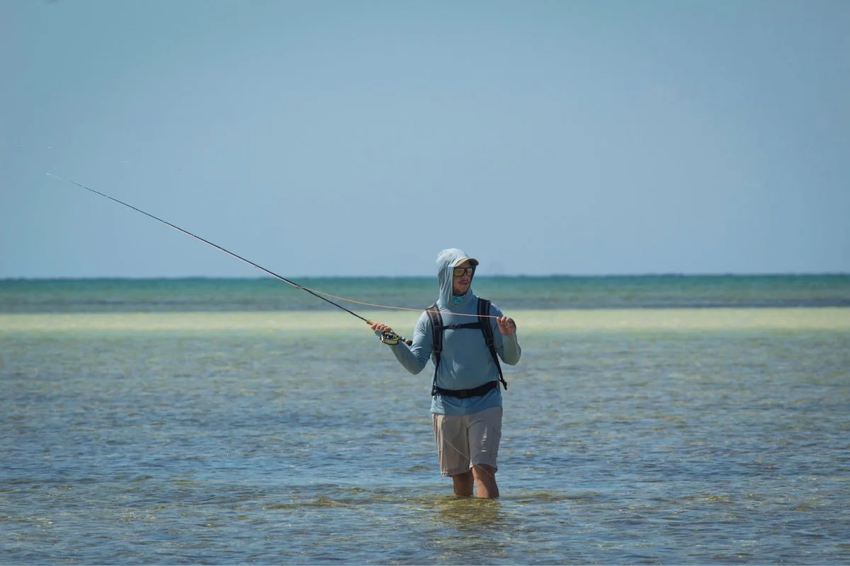 Angler wearing Columbia Silver Ridge convertible pants as shorts fishing in the Bahamas