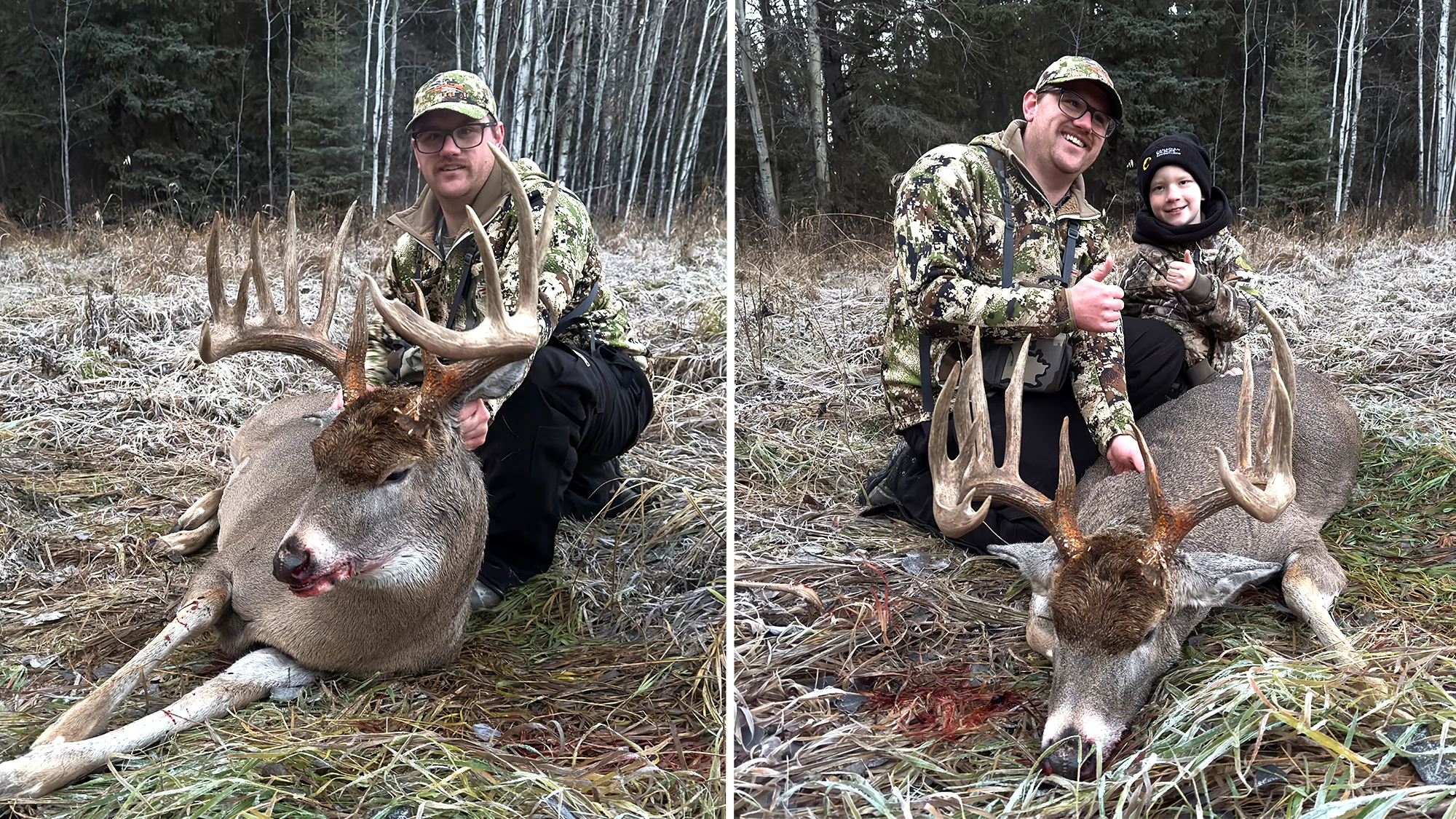 Alberta hunter Nathan Dahl and his son pose with a trophy whitetail buck. 