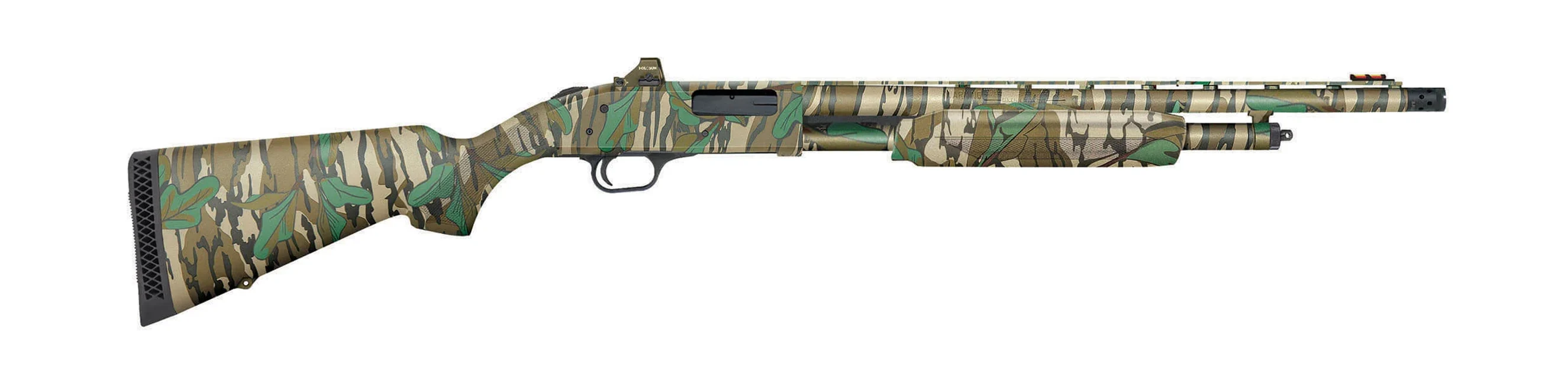 Mossberg's new 20-gauge Model 500 Holosun Combo turkey shotgun on a white background.  