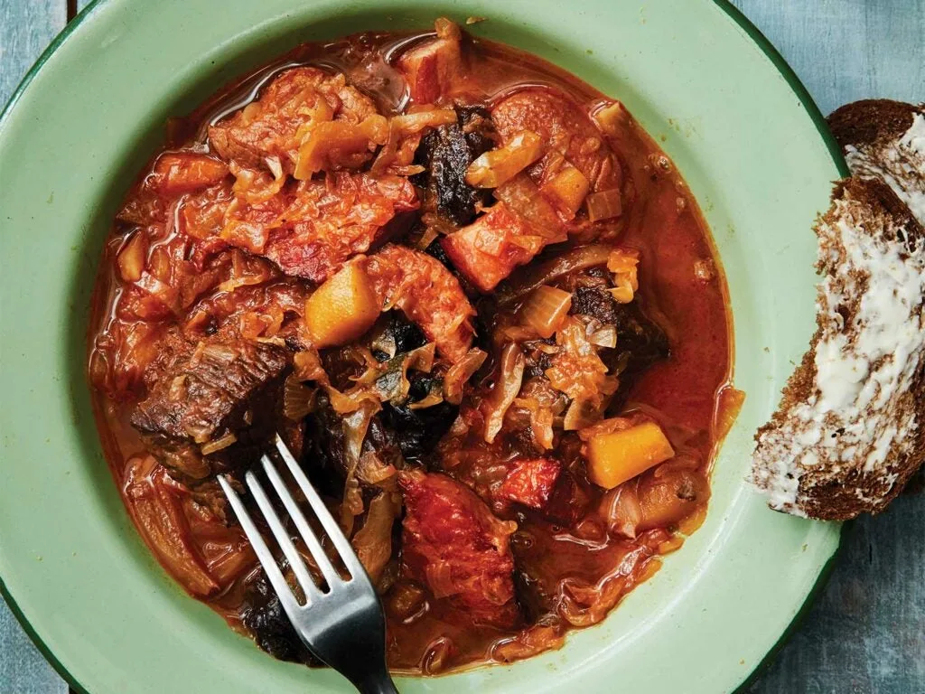 A bowl of bigos, which is a venison stew recipe from Poland.