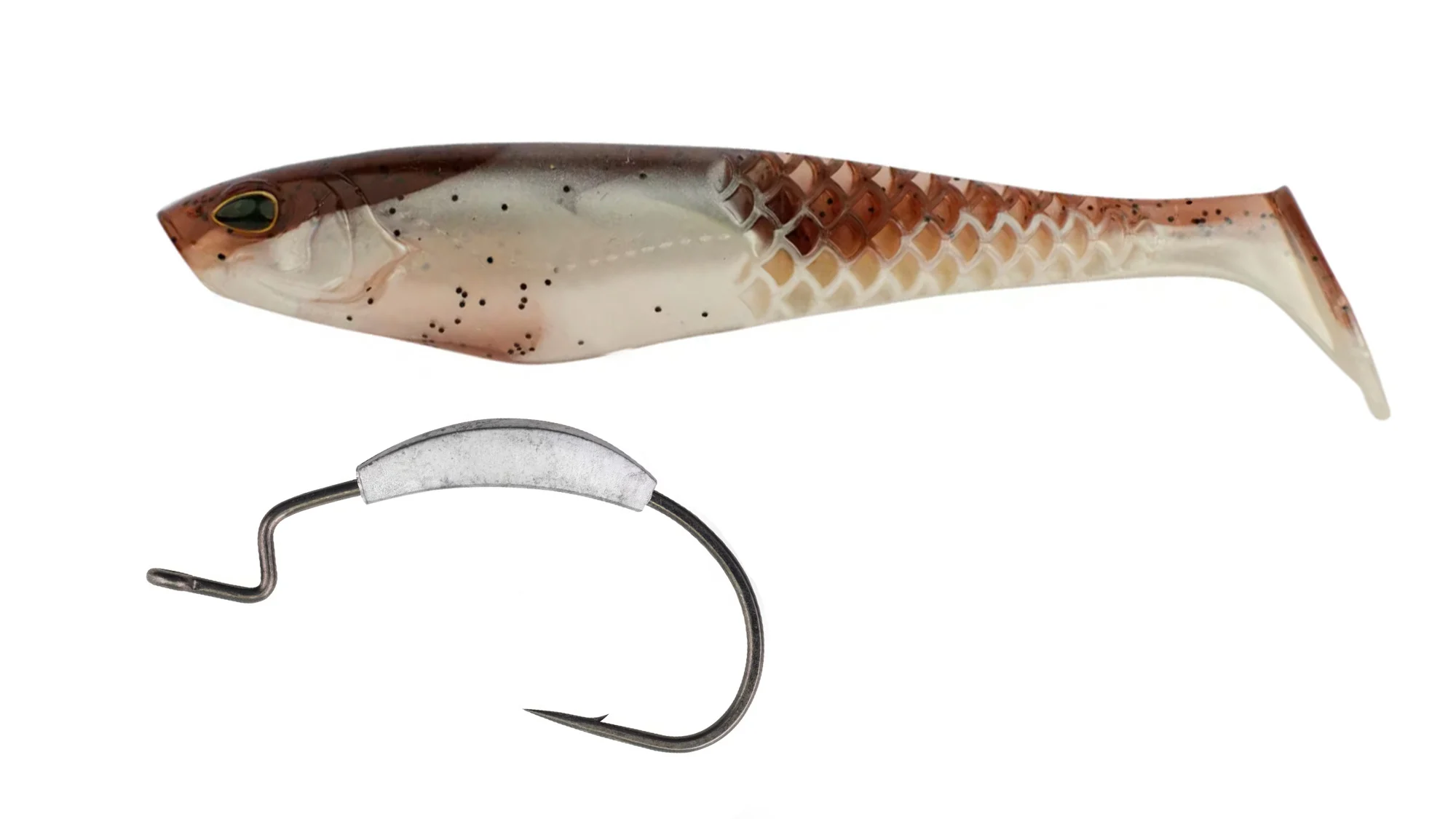 Berkley PowerBait Unrigged Cull Shad with weighted hook on white background. 