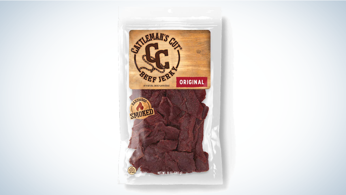 Cattleman's Cut Beef Jerky on gray and white background