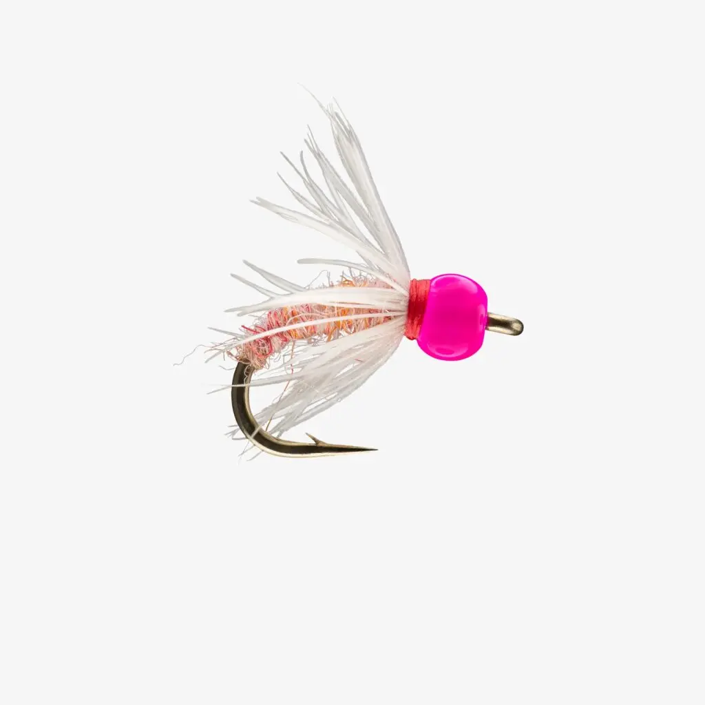 white fly with soft hackle and bright orange bead head